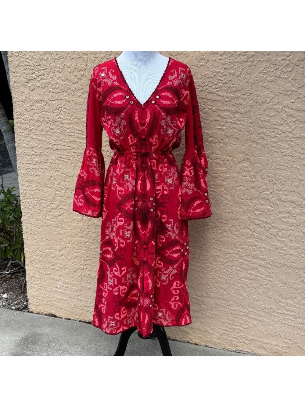 Figue Shirt Dress Womens Small Red Minette Cross-Stitch Bell Sleeve Button Front
